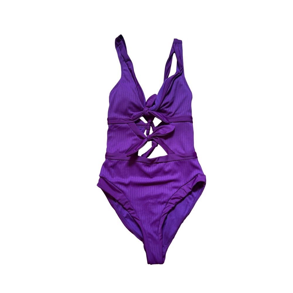 Sandflower One Piece Swimsuit Women Purple Ribbed Cutout Front Tie SIZE S